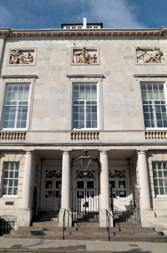 Main entrance to the Lewes County Hall & Crown Court buildings in central Lewes, East Sussex, UK.