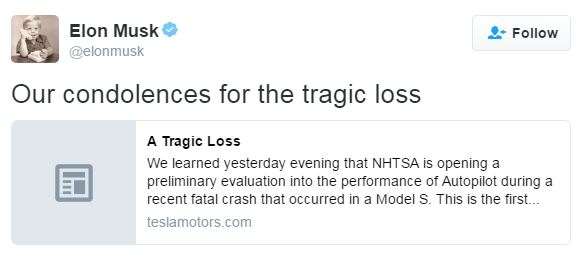 Elon Musk, product-architect of Tesla Motors, paid tribute to the victim
