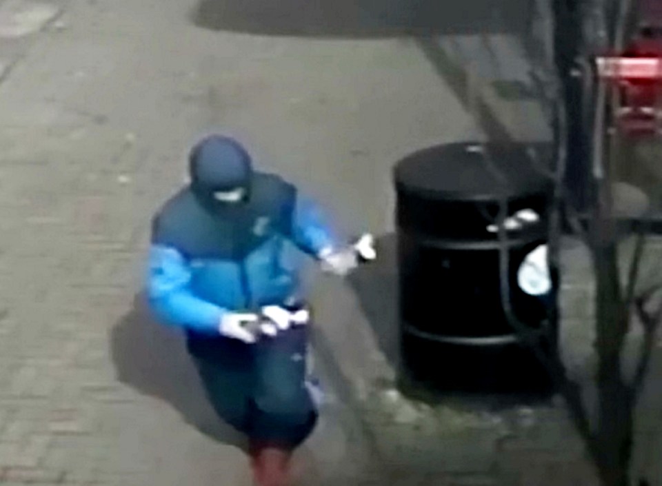 Off camera he hurls the bomb at the shop before fleeing on foot