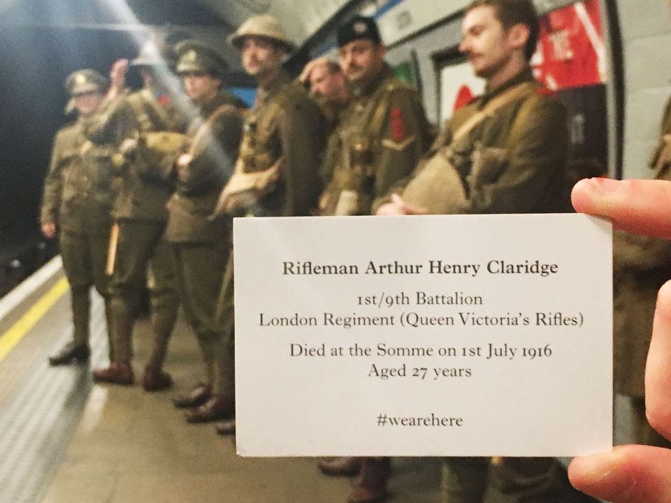 The silent 'soldiers' handed out cards to the public bearing names of one of the fallen men of the Battle of the Somme in 1916