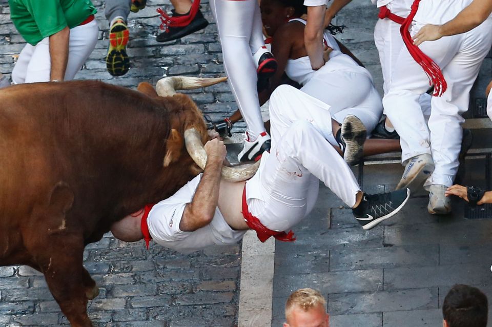 A man clutches a bull horn as he tries to avoid getting gored. More than a dozen unlucky runners were injured in Friday's festival