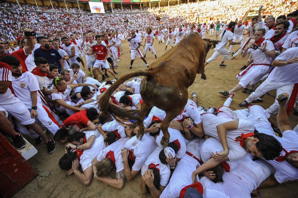 A bull jumps over revellers on the way into the stadium at the end of the run