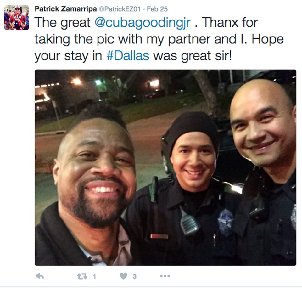 Patrick Zamarripa (centre) pictured with Hollywood actor Cuba Gooding Jr (left) and his police 'partner' (right)