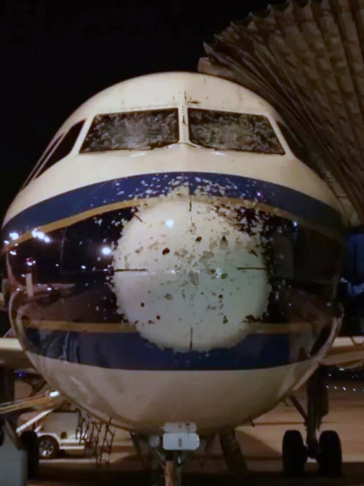 The front of the plane was peppered by slabs of ice when it flew into a storm