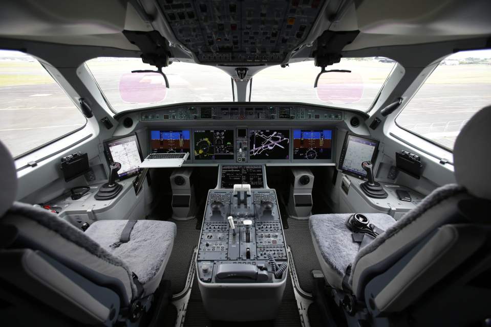 The inside of the cockpit of the Bombardier CS100 with the aircraft revealed at the Farnborough Airshow