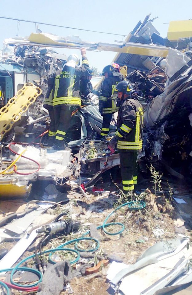The crash left several carriages torn apart and debris strewn across the olive grove