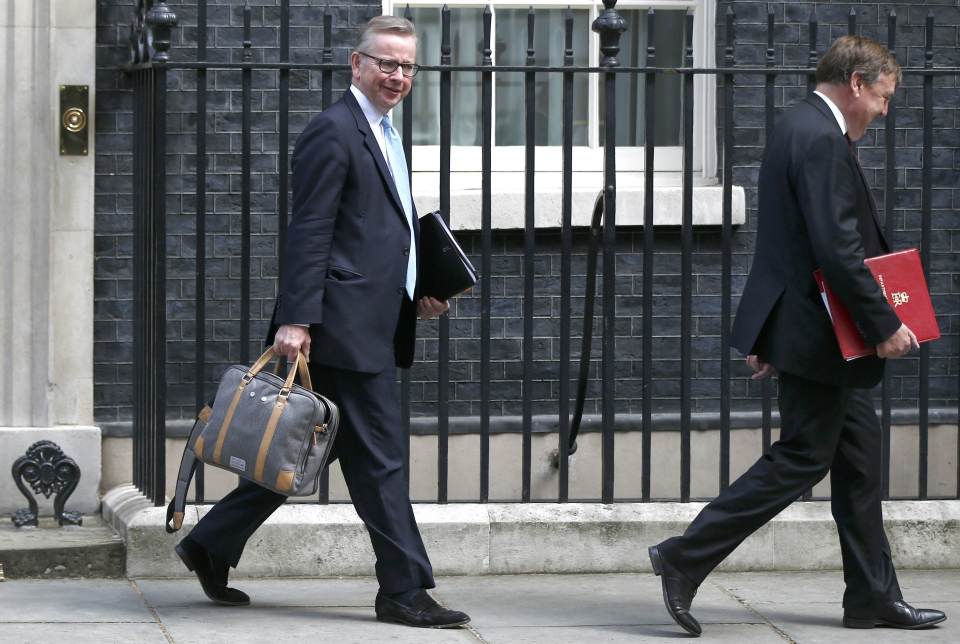 Britain's Justice Secretary Michael Gove and Culture Secretary John Whittingdale leave after a cabinet meeting at number 10 Downing Street, in central London