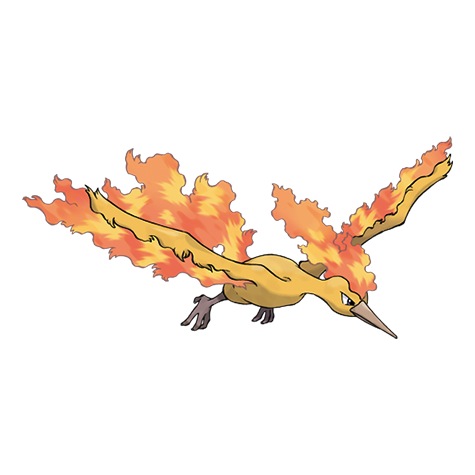 MOLTRES, #146, Fire/Flying. Can blast its opponents with flame attacks or its sharp talons.