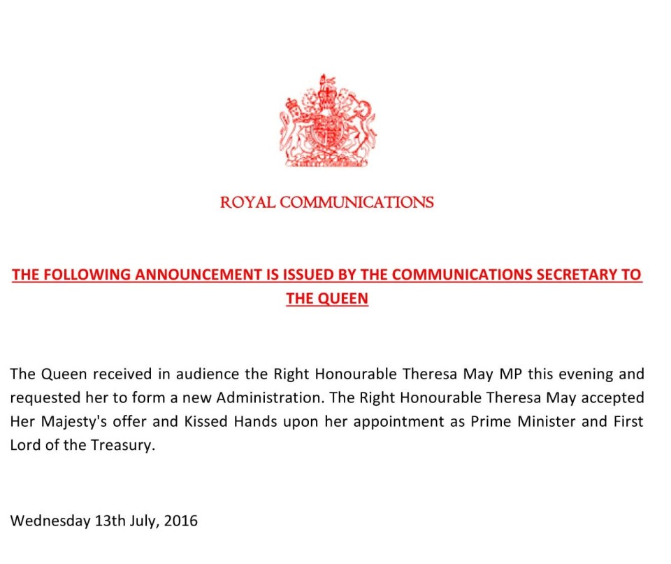 Royal seal ... announcement by Buckingham Palace after Theresa May was invited by Queen Elizabeth II to become Prime Minister 