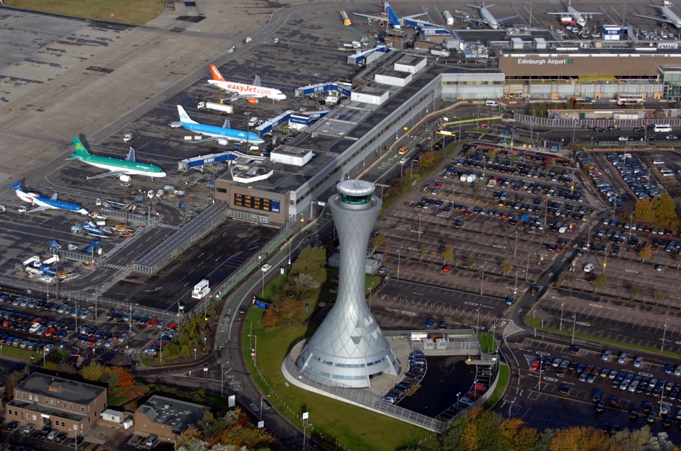 Aerial view of Edinburgh Airport, runway and control tower. Image shot 2007. Exact date unknown.