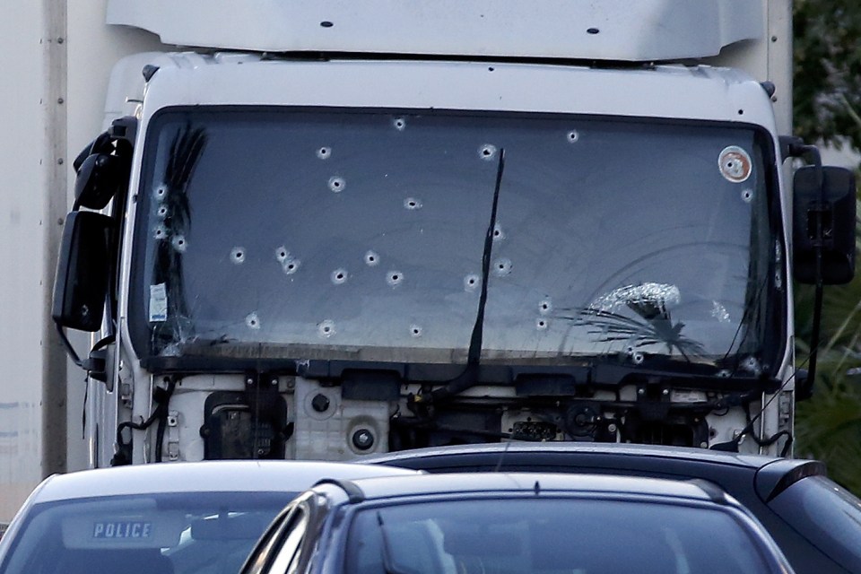 The truck driven by Mohamed Lahouaiej Bouhlel was riddled with bullet holes after the attack