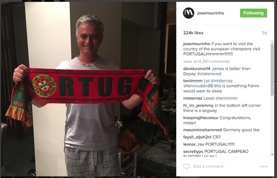 Just hours after the break-in a jubliant Jose celebrated Portugals Euro win and posted this pic on instagram