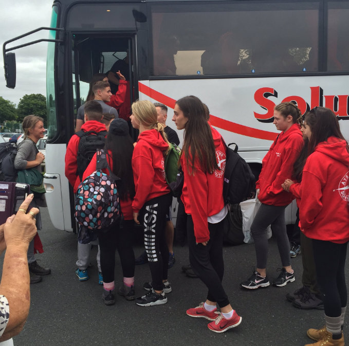 Children from Arthur Terry School board a bus as they left school to go to Turkey