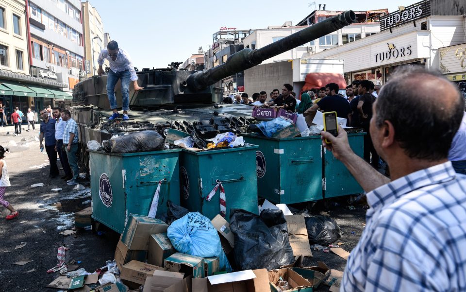 A tank is left abandoned after the attempted coup saw soldiers swarm onto the streets