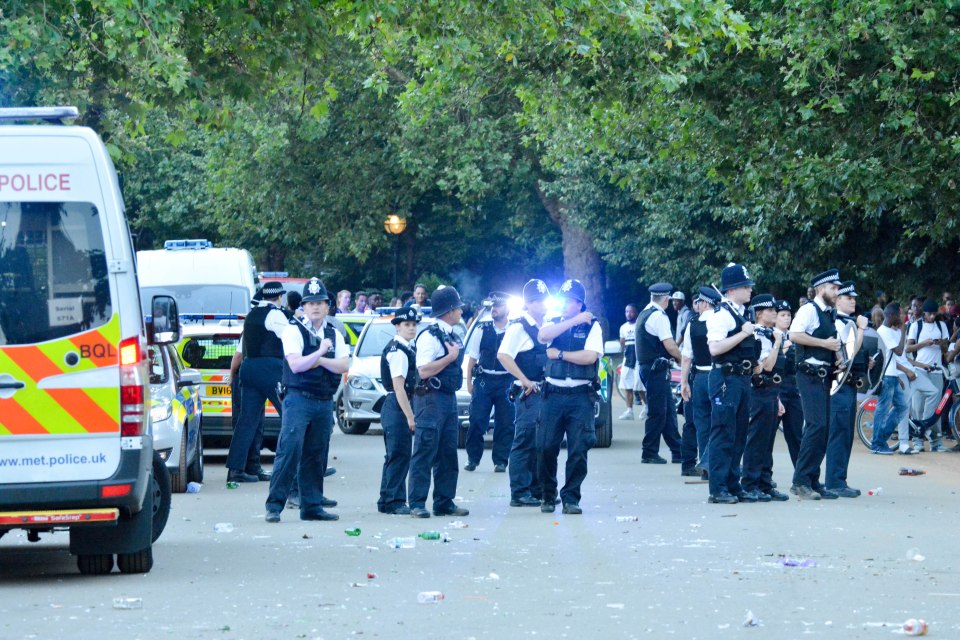 EXCLUSIVE Two police officers have been rushed to hospital after a water fight in London's Hyde Park descended in to violence today.