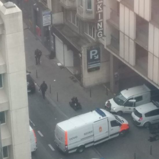 A bomb disposal robot appears to approach the scene of the scare in Brussels