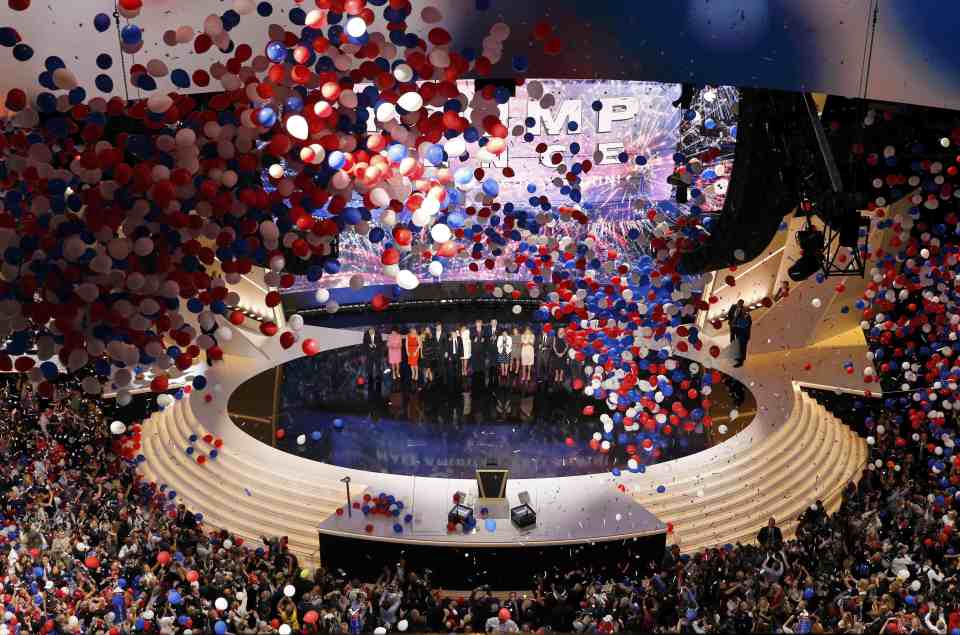 U.S. Republican Presidential Nominee Donald Trump joined by Vice-Presidential Nominee Indiana Governor Mike Pence after speaking at the Republican National Convention in Cleveland, Ohio,