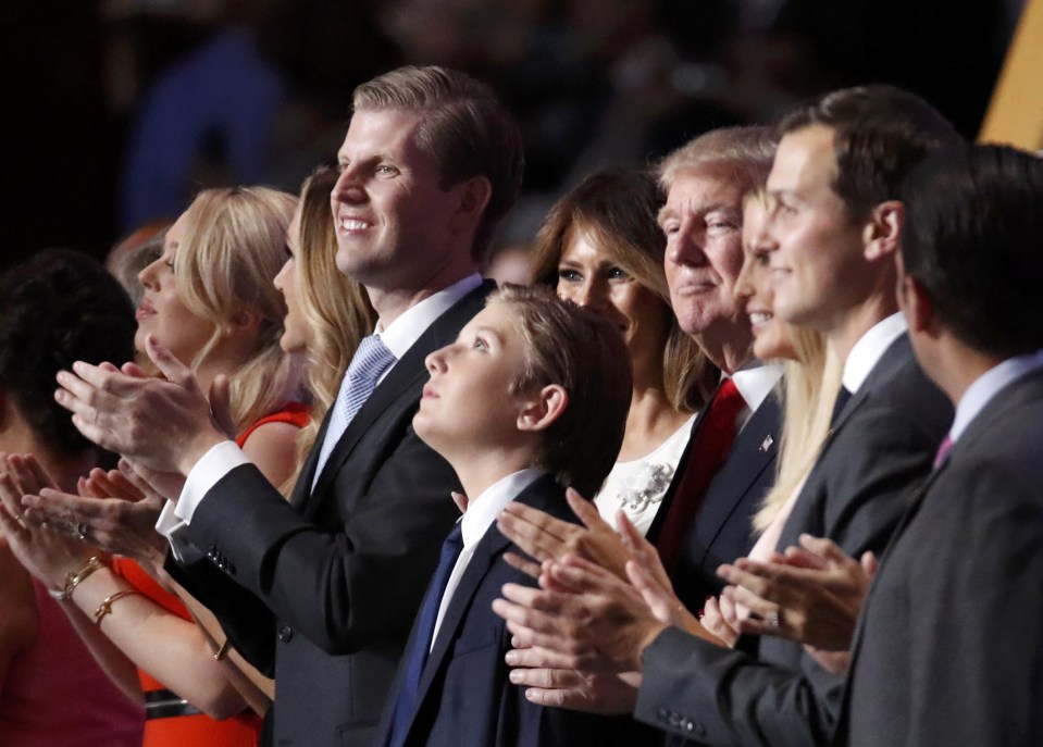 The family of Republican presidential candidate Donald Trump watch for the balloon drop at the conclusion of the Republican National Convention in Cleveland