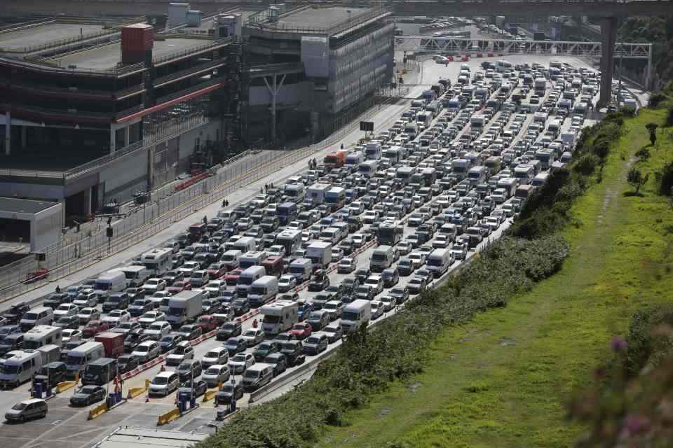 Lines of traffic queue to enter the port
