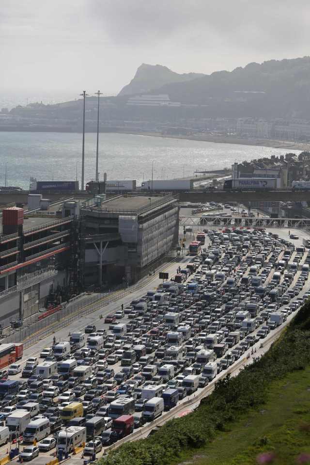 Lines of traffic queue to enter the port