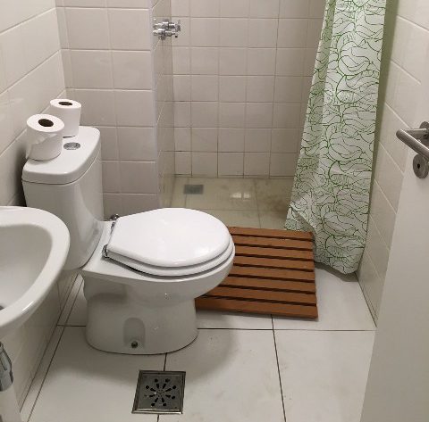 Pictured showed the drainage system was now working as mucky water filled the shower floor