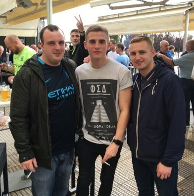 Max Hornby, centre, has apologised for the joke and his ticket has been suspended pending a review by the club