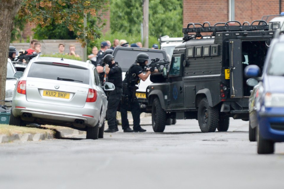 A response unit of roughly 200 police armed with assault rifles were seen wearing stab vests and headgear crouching on the grass verges outside the house 