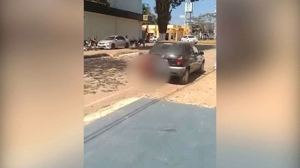 The car-lover is caught on camera squatting behind the motor apparently mating with it