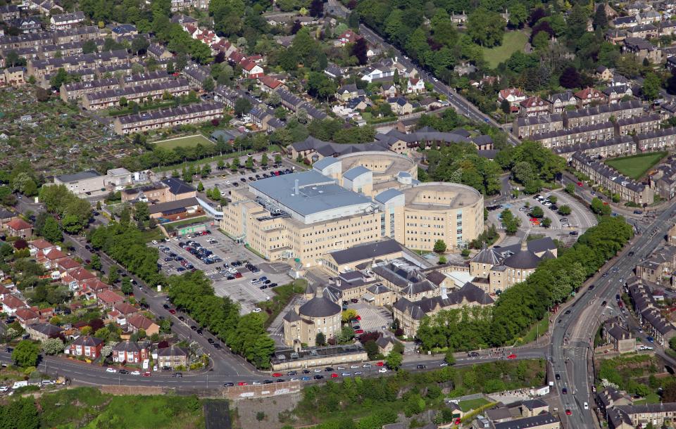 aerial view of Calderdale Royal Hospital in Halifax, West Yorkshire, UK