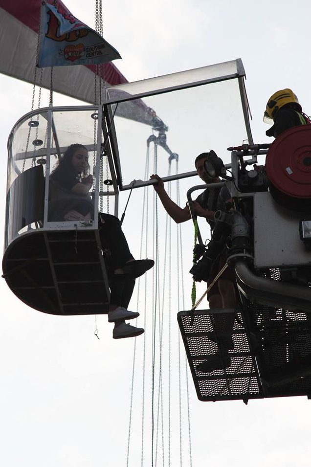 Fire crews used raised platforms to bring those stuck back down to ground. Many of the carriage were suspended at 20m above ground