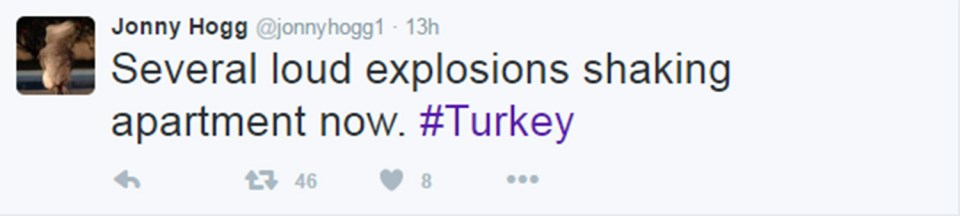 Jonny Hogg, a former British journalist, described hearing explosions in Ankara