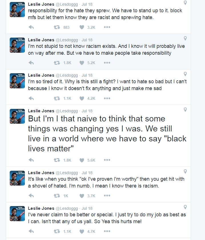 This screenshot shows how Leslie Jones reacted to the campaign of 'racism'