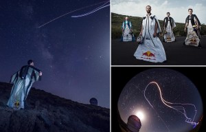 Stunning pics show LED-lit wingsuit jumpers blasting through the sky during a spectacular meteor shower