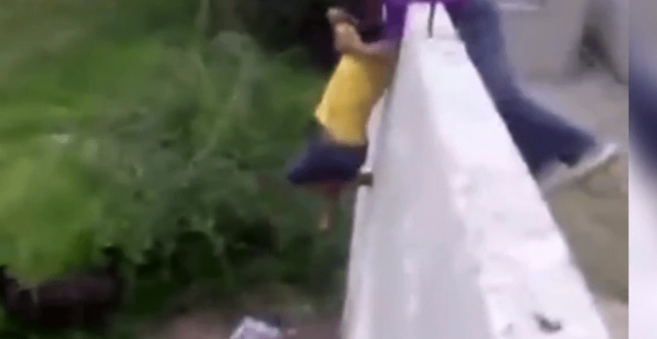 As he scrabbles up the wall the dog even nips at his shorts