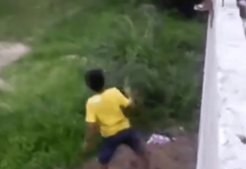 The little boy jumps over the wall to get his ball from his neighbour's garden