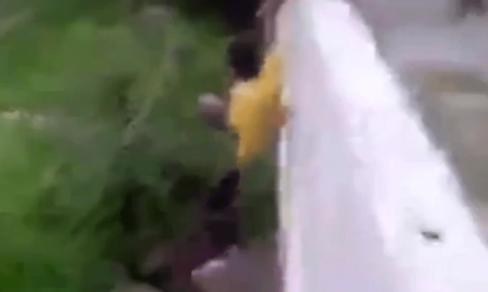 He lunges for the wall, begging his friends to pull him up to safety