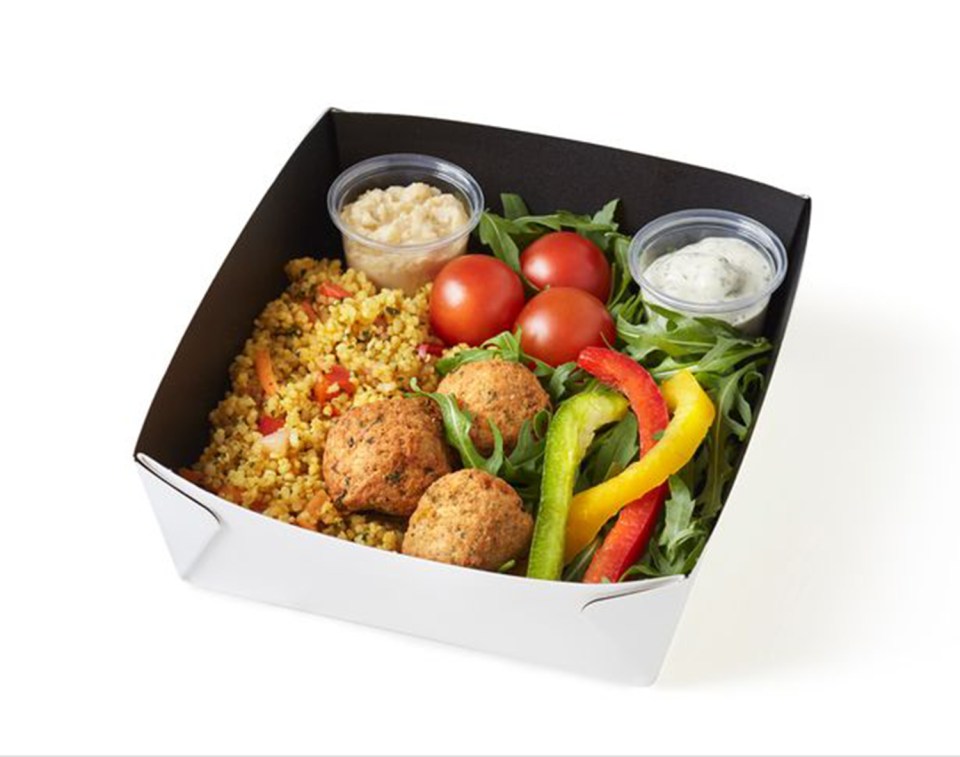 The Balanced choice menu includes healthy staples like falafel and hummus