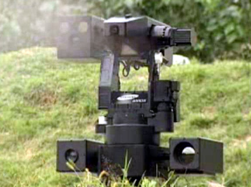 The Samsung SGR-A1 robot is installed on the Korean DMZ and machine guns anything that enters its two mile target radius
