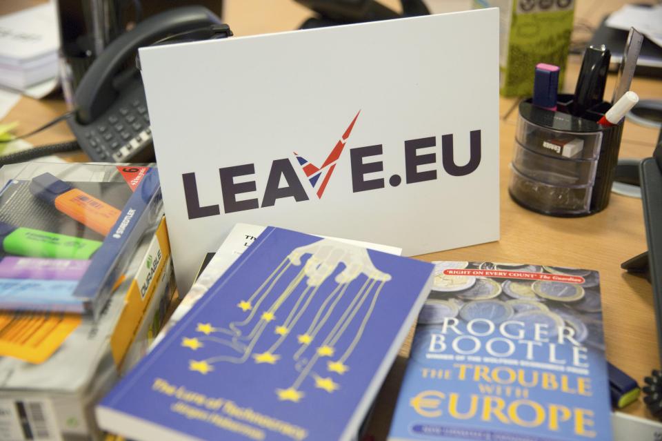A sign for pro Brexit group pressure group "Leave.eu" is seen in their office in London, Britain