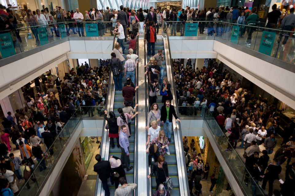 Crowds flock to the newly-opened Westfield Stratford City shopping centre, a centerpiece of the 2012 London Olympics.