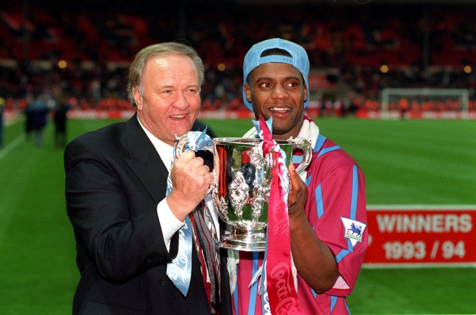 Dalian Atkinson celebrates with former manager Ron Atkinson after winning the League Cup in 1994