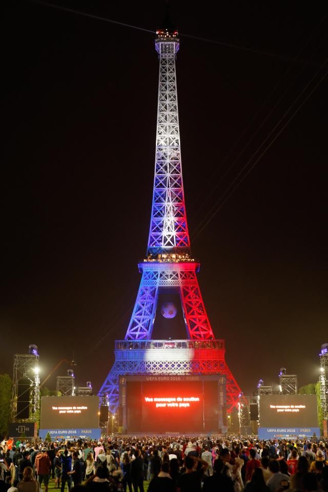 The Eiffel Tower with blue, white, red colors after the France v Romania EURO 2016 Group A soccer match, in Paris, France, June 10, 2016. REUTERS/Gonzalo Fuentes