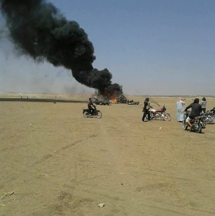 Dozens of motorbike-riding rebels surrounded the wreckage after it was shot down