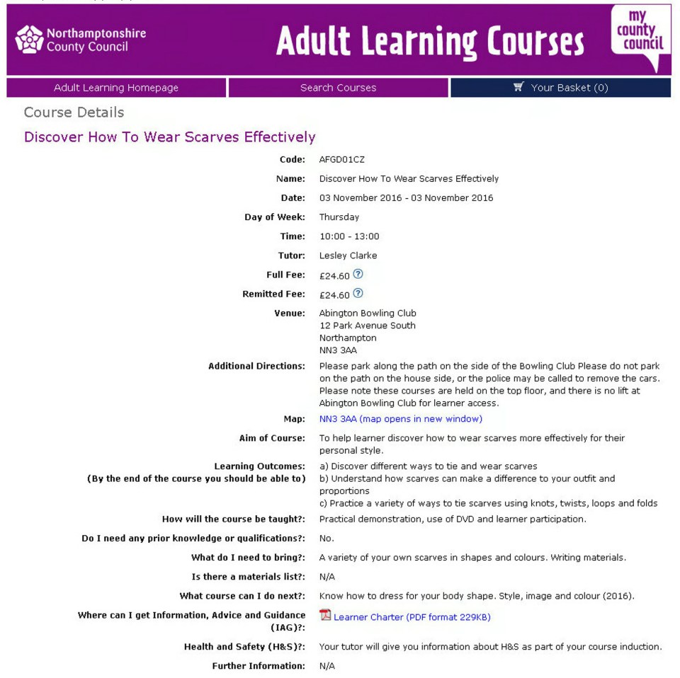 The class is set to be run on November 3 and will feature 'practical demonstrations, a DVD and learner participation'
