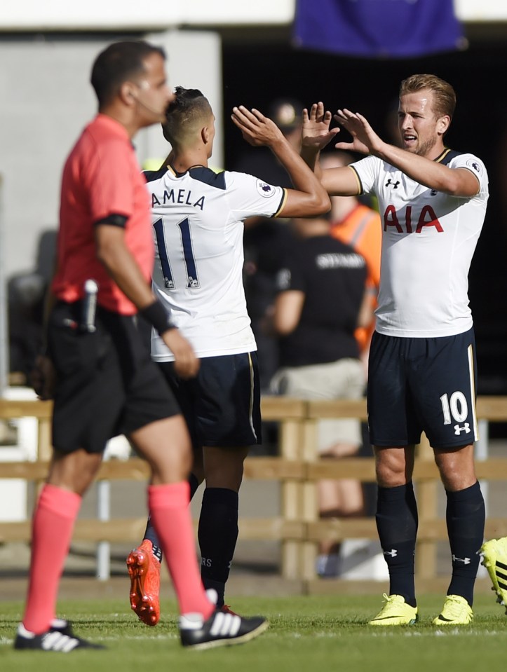 Harry Kane celebrates his goal with Erik Lamela in Norway this afternoon
