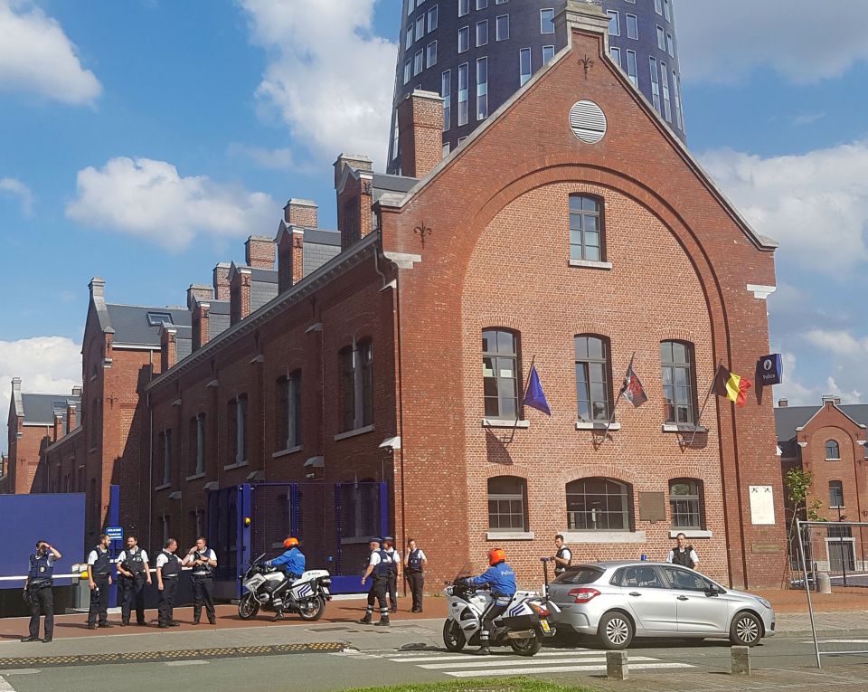 police securing the area around a police building in the southern Belgian city of Charleroi following a machete attack