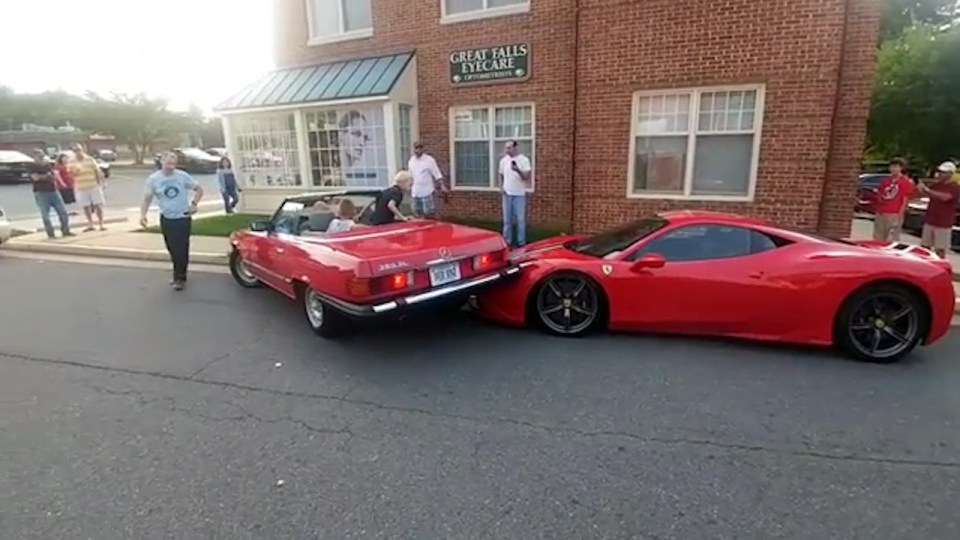 The drive accidentally backer her Mercedes into the £200k Ferrari at a car convention in Virginia