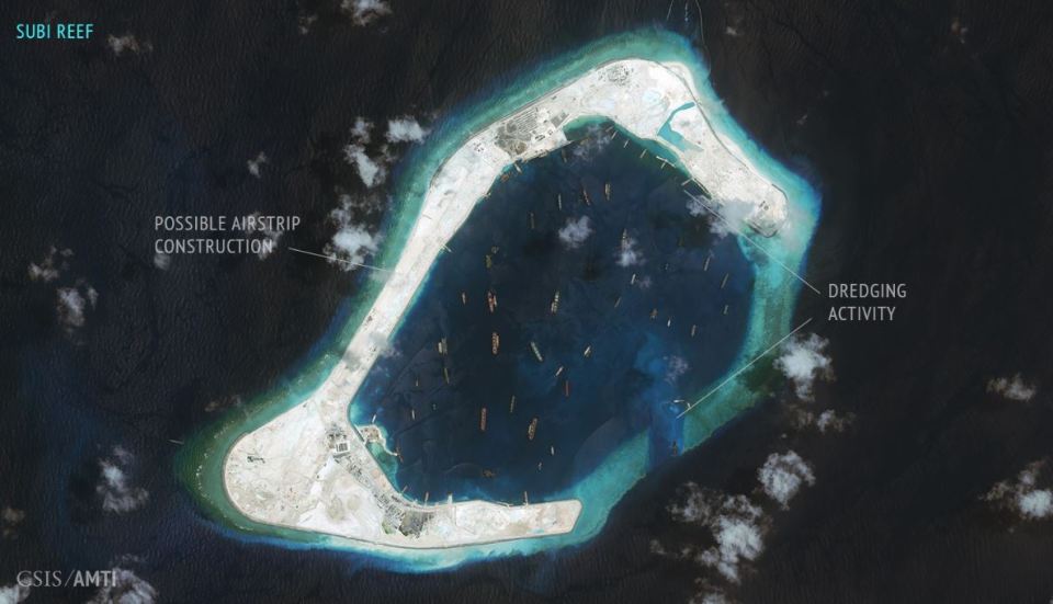 Subi Reef was also constructed in a crescent shape, and features a runway on its longest straight