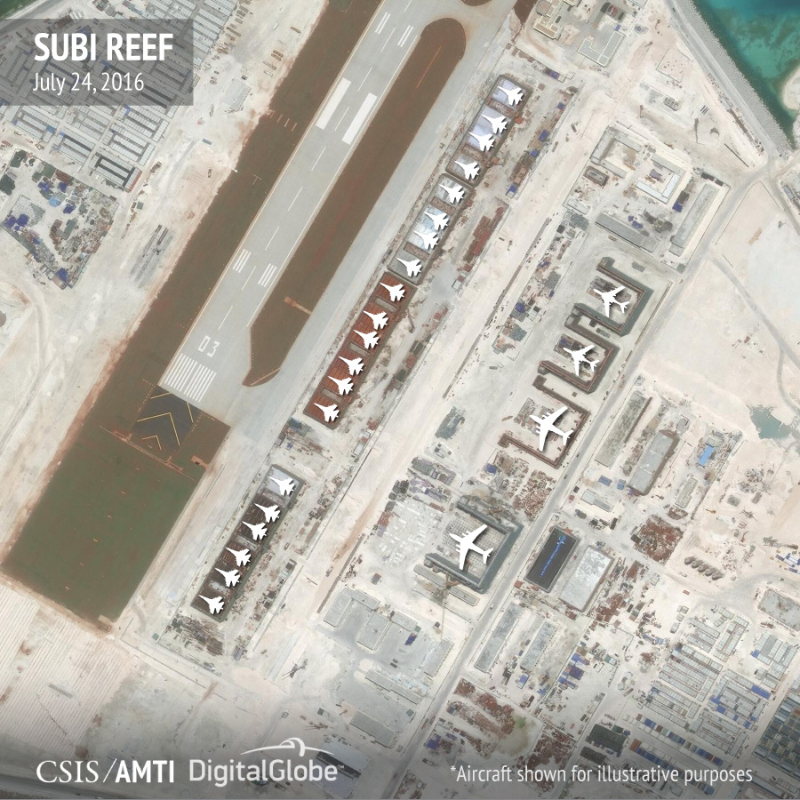 Four larger planes and a handful of fighter jets are shown where they would sit on the island