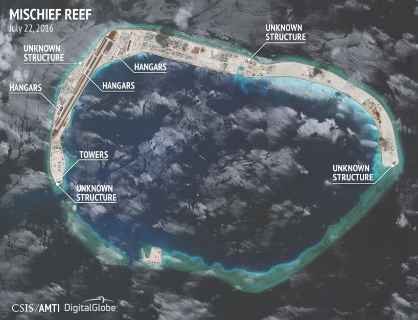 Nearby Mischief Reef also has a runway lined with military-grade aircraft hangars